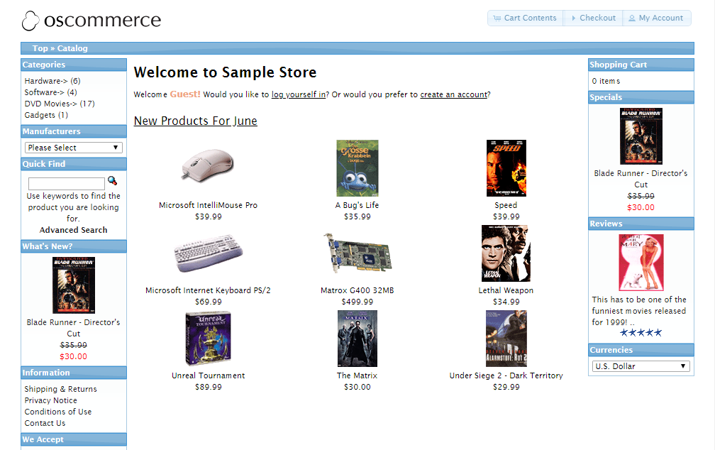 OSCOMMERCE. OSCOMMERCE V.4. OSCOMMERCE database. Top catalog.